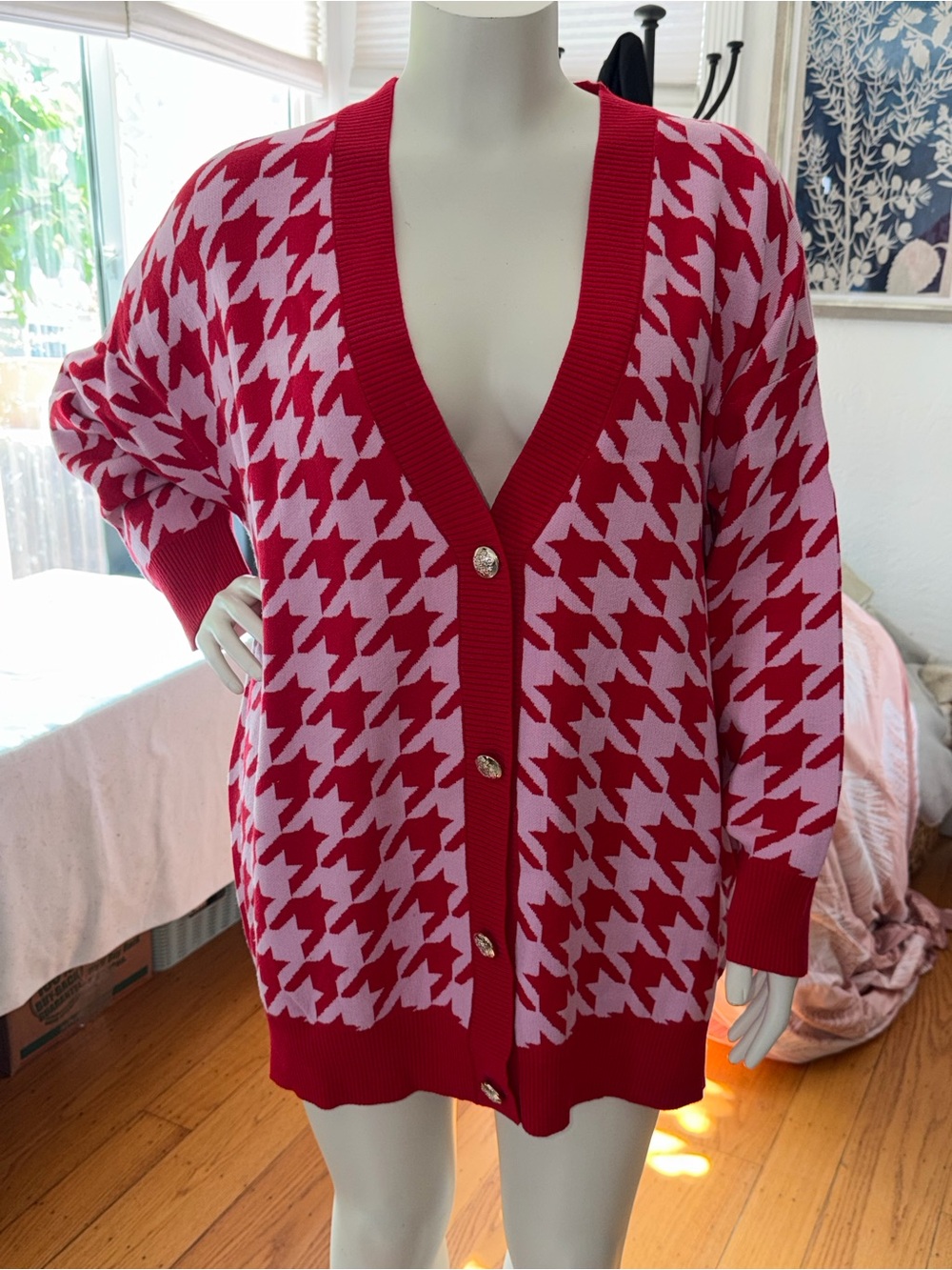 River Island  Pink & Red Houndstooth V-Neck Cardigan UK 26 / 28  US 22 / 24